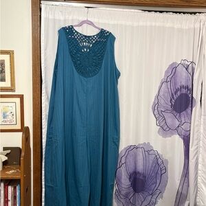 BloomChic Teal Crochet Back Jumpsuit